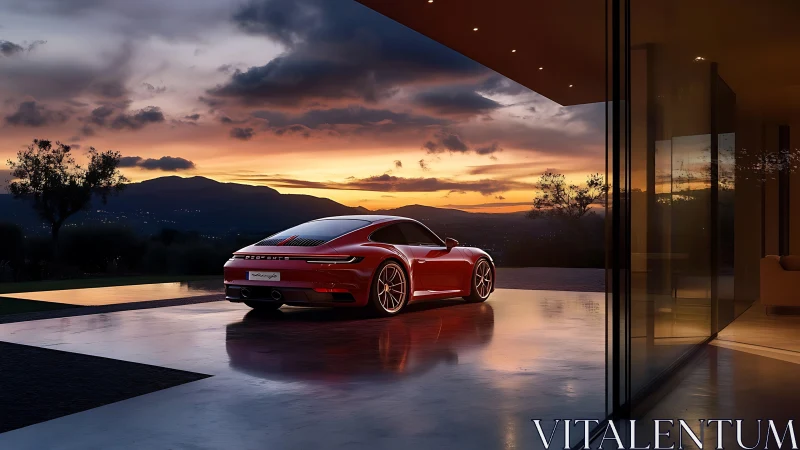 Red sports coup&eacute; on wet terrace at sunset, luxury villa setting.