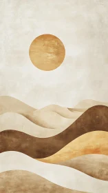 Minimal landscape shows layered earth tones below circle sun