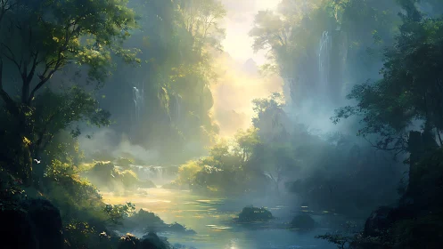 Illuminated canyon landscape with mist and cascading water formations