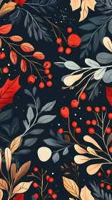 Stylized botanical branches with red berries on dark background