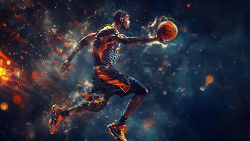 Explosive digital basketball dunk ignites cosmic energy