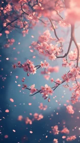 Cherry Blossoms Falling Against Soft Gradient Sky.