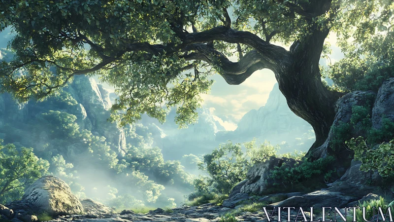 Ancient Tree's Embrace: A Serene Mountain Gateway to Wonder.