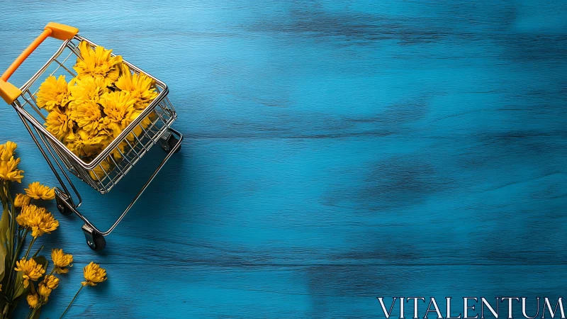 Chromatic Contrast: Yellow Florals in Shopping Cart Composition.