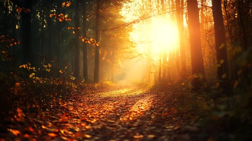 Golden sunrise illuminates forest path covered with leaves
