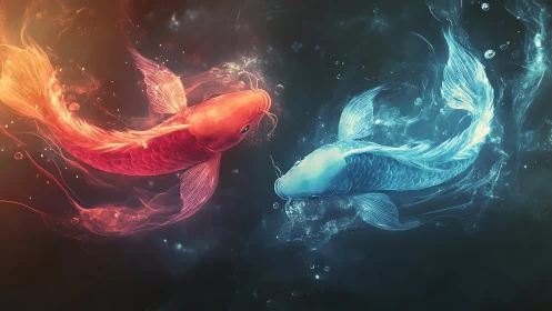 Dual elemental koi in luminous cosmic water dance.