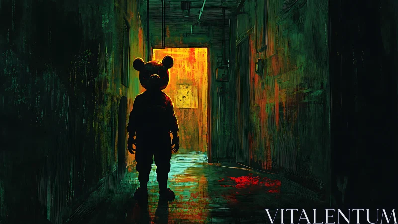 Shadowed mascot figure in a haunting neon-lit hallway.