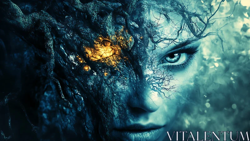 Bioluminescent arboreal fusion with partially veiled human face