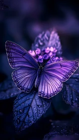 Midnight orchid butterfly pauses on dew-glassed leaves