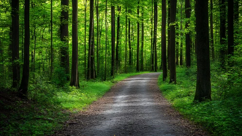 Serene Forest Path with Lush Green Trees in Natural Daylight.