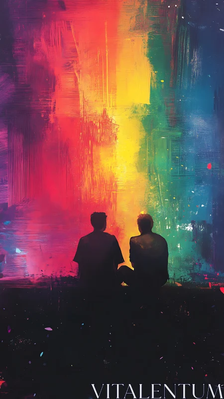 Silhouetted Figures Before Luminous Gradient Wall.