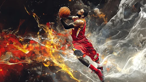 Dynamic basketball dunk rendered in explosive digital painting