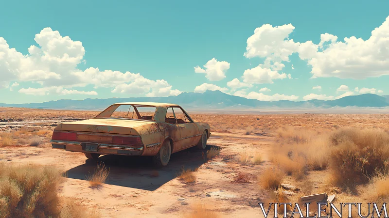 Rusting sedan rests beneath vast desert sky and clouds