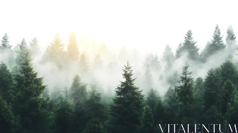 Misty Pine Forest at Sunrise in Serene, Dreamlike Landscape Style.
