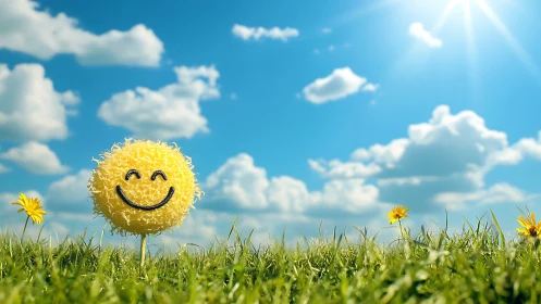 Smiley face pom sphere stands in grassy field under blue sky