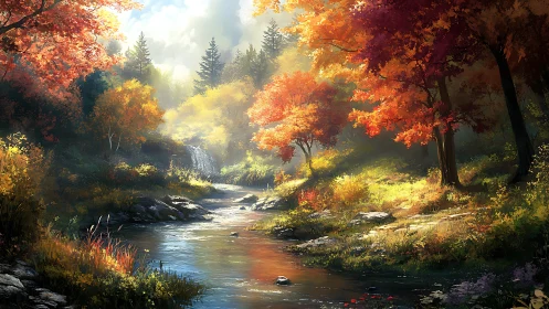 Autumn Stream Through Enchanted Forest.
