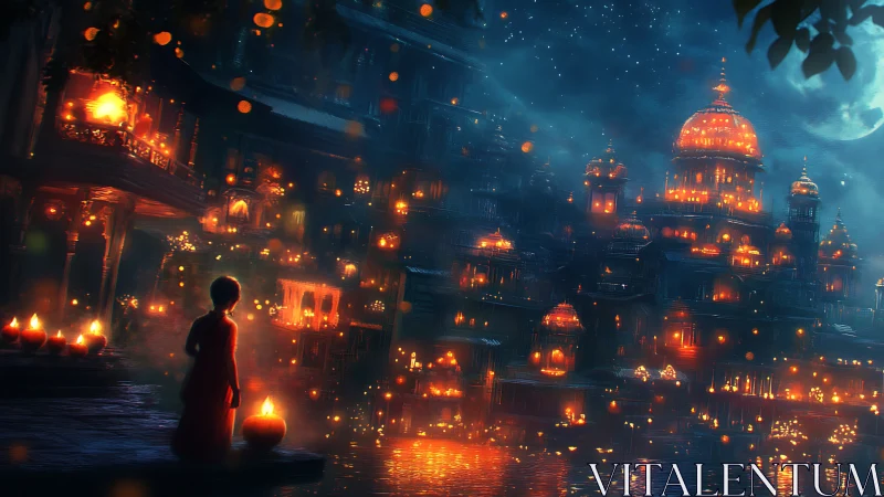 Lantern-lit river kingdom under a dreaming crescent moon.