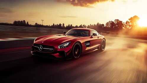 Red sports coupe races along circuit under vivid sunset light