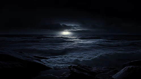 Moonlit waves roll beneath brooding storm clouds at night.