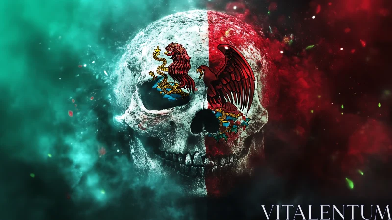 Human skull with split tricolor flag and heraldic emblems.