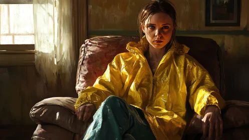 Pensive girl in yellow raincoat under dramatic window light.