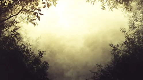 Tree silhouettes framing soft glowing sky opening.