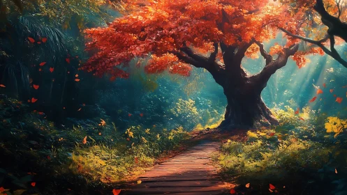 Scarlet guardian tree crowns a sunlit forest pathway.