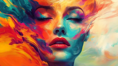 Digital portrait of female face with flowing abstract colors.