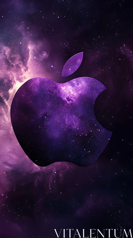 Apple-shaped nebula silhouette with deep purple starfield.