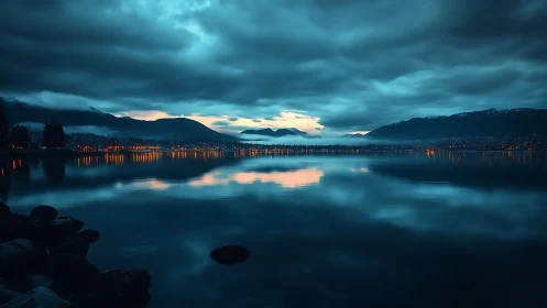 Moody blue lakeside cityscape glows under stormy twilight.