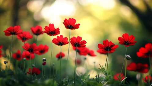 Radiant Red Cosmos Flowers Dance in Summer Light.
