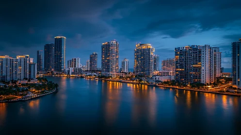 Urban waterfront skyline glows against deep blue nautical dusk