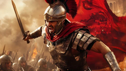 Roman-style armored soldier advances with raised sword in battle