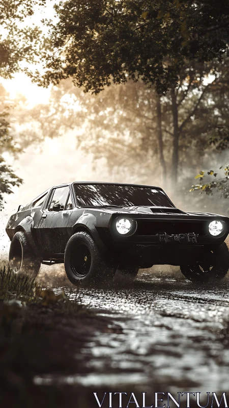 Modified off-road muscle car driving on muddy forest track.