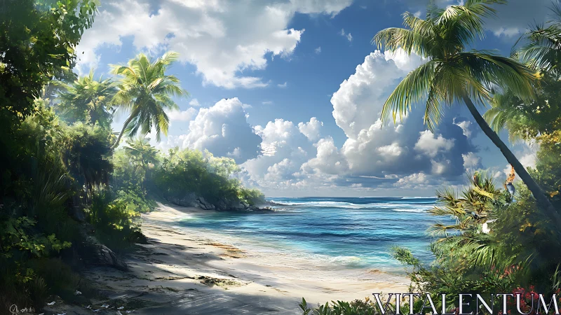 Tropical Coastal Paradise With Palms, Sandy Beach, Turquoise Waters