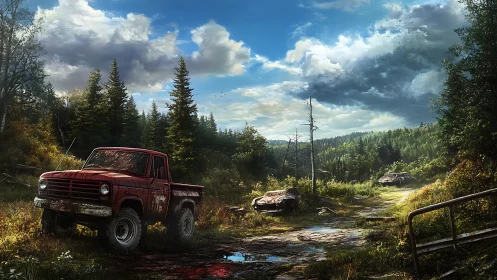 Weathered 4x4 truck in overgrown forest track environment.