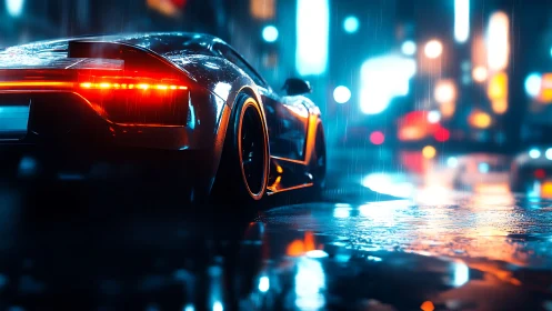 Neon drenched supercar rear in cinematic night rain scene.