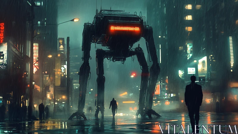 Towering urban mech strides calmly through neon night rain