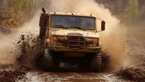 Mud-splattered off-road truck surging through rugged trail.