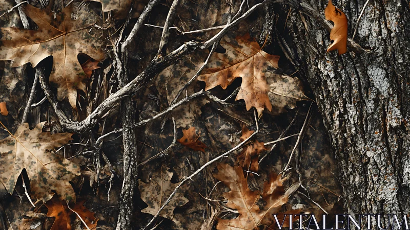 Oak leaves, bare branches and textured tree bark pattern.