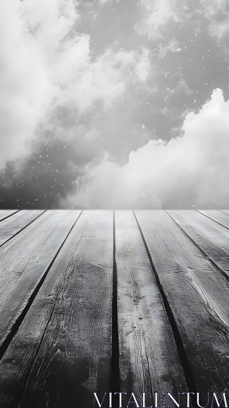 Grayscale timber deck receding into diffuse atmospheric cloudfield.