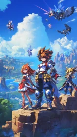 Skybound heroes pause atop cliffs as mecha dragons streak by