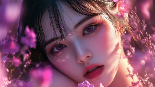 Hyperreal floral portrait isolates a luminous, violet gaze