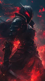 Armored infernal knight stands amid embers in dynamic chiaroscuro