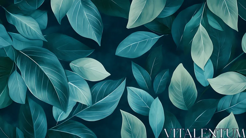 Teal leaf pattern over deep blue botanical background.