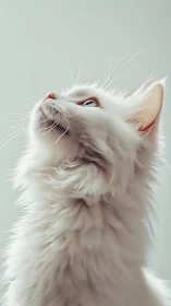 Upward-Gazing White Feline with Enhanced Fur Texture and Chromatic Pupil Detail.