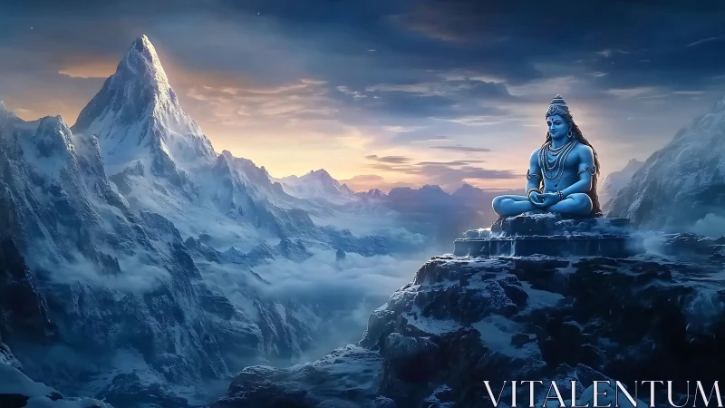 Serene blue deity meditates above vast Himalayan peaks at dawn