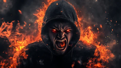 Hooded humanoid figure rendered in flames against dark backdrop