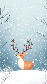 Young winter deer under soft falling snowflakes.