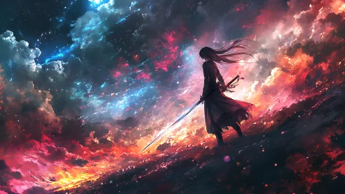 Lone anime swordsman against vivid cosmic sky at dusk.